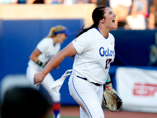 Florida pitcher Lauren Haeger celebrates after a strikeout against Michigan during the Women's College World Series on June 3 in Oklahoma City.