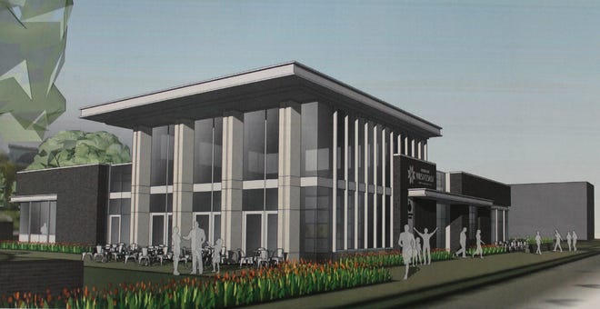 A preliminary sketch shows a daytime view of a proposed new building for the West Coast Chamber of Commerce. Contributed