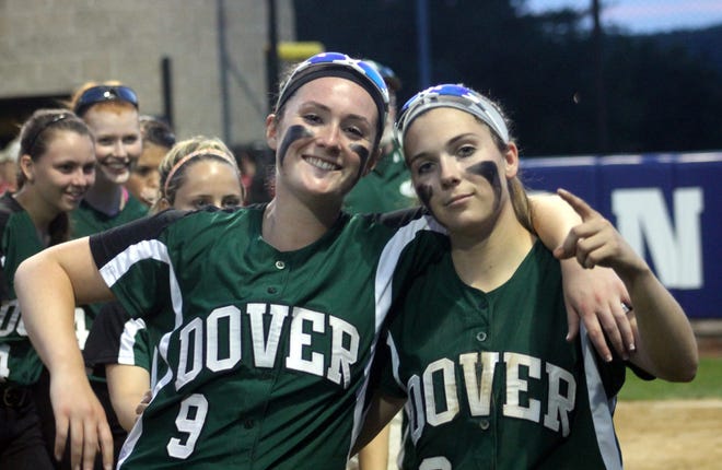 Dover's Emily Schlapak, left, and Caroline Schoenbucher are all smiles after Dover's 7-1 win over Concord in Wednesday night's Division I semifinal. Dover faces Salem for the championship this afternoon at 4:30 at SNHU. John Doyle/Fosters.com