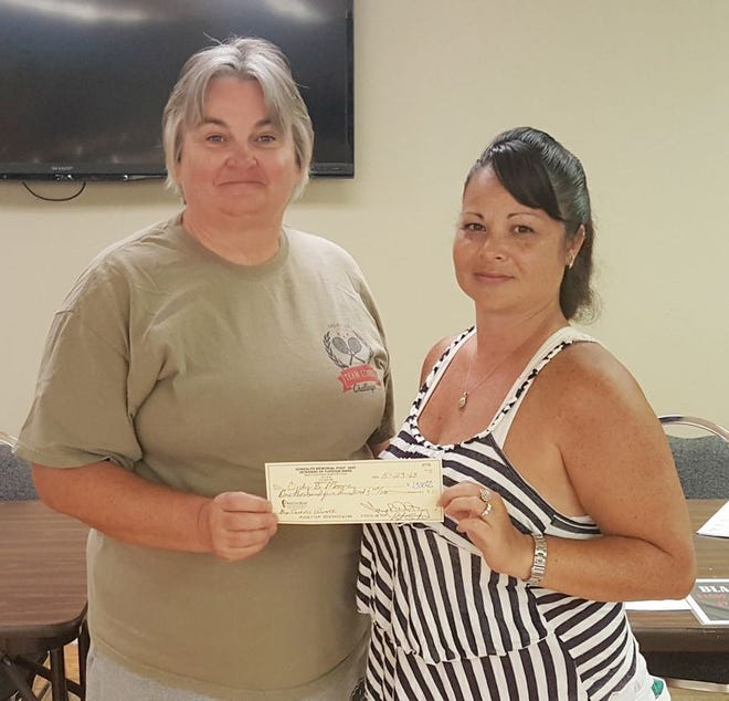Shown are, from left, Tanya Whitney presenting Jackpot winnings to Cindy Moore.