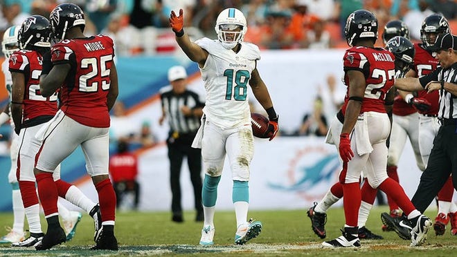 Miami Dolphins wide receiver Rishard Matthews (18), gestures after getting a first down late in the fourth quarter against the Atlanta Falcons during their NFL game Sunday afternoon, Sept. 22, 2013, at Sun Life stadium in Miami Gardens.(Bill Ingram/Palm Beach Post)