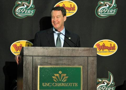 First-year Charlotte 49ers basketball coach Mark Price is seen here during his introductory news conference on March 26. Price played nine seasons in Cleveland.