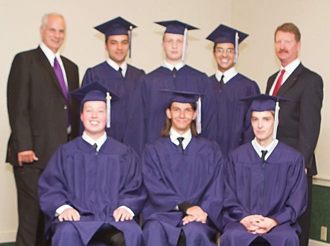 Six local high school seniors were honored during their graduation ceremony at Latcom Ministries. From left in front are Patrick Donegal, Chad Torres and Douglas Boylan. In the back are Pastor Marvin Mayle, Matthew Gonzales, Jacob Mayle, Luke Lofton and state Sen. Elder Vogel Jr.