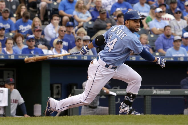 Kansas City Royals' Omar Infante bats during the ninth inning of a game against the Cleveland Indians on May 7 in Kansas City, Mo. The Royals won, 7-4. AP Photo/Charlie Riedel