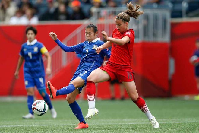 Germany's Melanie Leupolz, right, and Thailand's Silawan Intamee vie for the ball during the first half of their FIFA Women's World Cup game on Monday in Winnipeg, Manitoba, Canada. (John Woods/The Canadian Press via AP) MANDATORY CREDIT