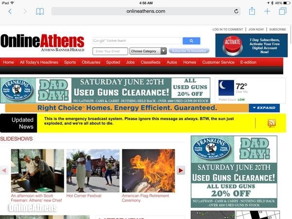 Screen shot taken of the OnlineAthens website early Monday morning by Twitter user @accidentalcio.