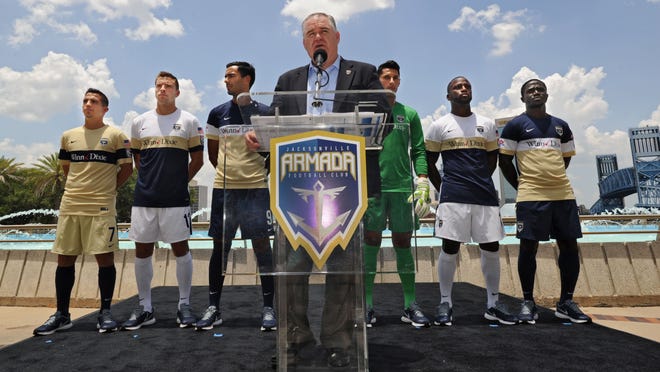 The Jacksonville Armada will have a new look when the North American Soccer League resumes next month. Players Matt Bahner, Marcos Flores, Miguel Gallardo, Jemal Johnson, Alhassane Keita and Lucas Rodriguez modeled new Nike uniforms Tuesday at Friendship Fountain on the Southbank.