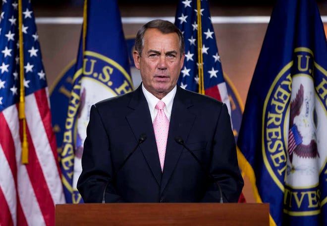 FILE - In this June 11, 2015 file photo, House Speaker John Boehner of Ohio speaks during a news conference on Capitol Hill in Washington. Boehner says he's committed to passing a major trade deal as soon as possible, but he has not figured a way out of Congress' logjam on legislation that's a priority for President Barack Obama. (AP Photo/Pablo Martinez Monsivais, File)