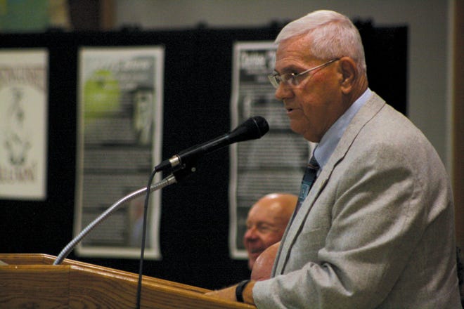 Illinois Valley Central alum Jerry Blew gives a speech after being inducted into IVC’s Distinguished Alumni during the annual alumni banquet Saturday at IVC High School.