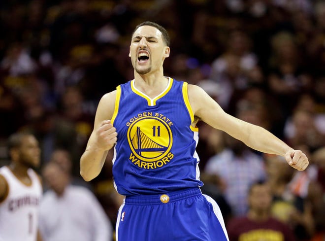 Golden State Warriors guard Klay Thompson reacts during the second half of Game 6 of basketball's NBA Finals against the Cleveland Cavaliers on Tuesday in Cleveland.