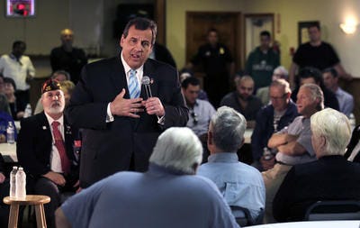 New Jersey Gov. Chris Christie, a likely Republican 2016 presidential candidate, answers a question during a town hall type meeting at the Veteran's of Foreign War post in Hudson, N.H., Monday, May 18, 2015. (AP Photo/Charles Krupa)