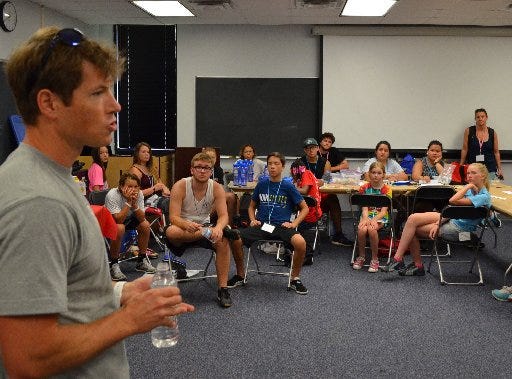 About 70 children and teens with Type 1 diabetes listened to Winter Olympics U.S. ski team member Kris Freeman during his talk at their American Diabetes Association's summer camp.