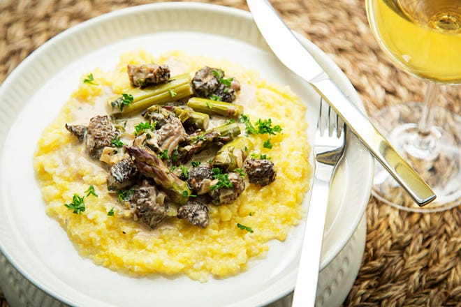 Stewed Morels, Asparagus, Ramps and Creme Fraiche Over Grits will give winter-weary cooks a lift. Photo by Scott Suchman for The Washington Post.