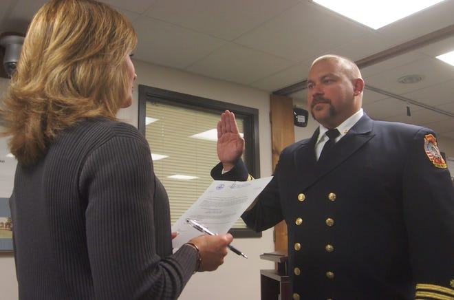 Jameson Ayotte was officially sworn in as Hampton's fire chief on Monday night. Photo by Max Sullivan/Seacoastonline
