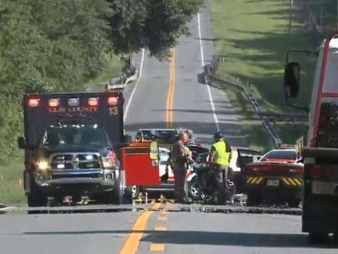 Authorities investigate after a crash in Clay County that killed five people Tuesday, June 16. Two young children were the only two survivors. Photo credit: First Coast News