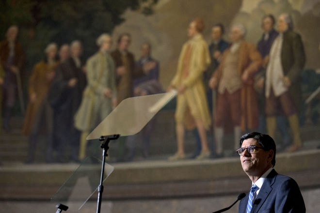 AP Photo/Manuel Balce Ceneta Treasury Secretary Jacob Lew speaks on redesign of the $10 note at the National Archives in Washington, Thursday, June 18, 2015. The theme of the next generation of notes will be democracy and the new $10 note will feature the first woman on the nation's paper money in more than a century.