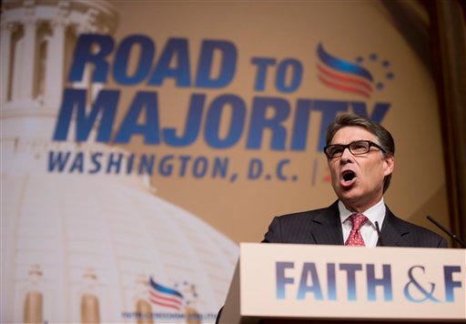 Republican presidential candidate, former Texas Gov. Rick Perry, speaks at the Road to Majority 2015 convention in Washington, Saturday, June 20, 2015.  (AP Photo/Manuel Balce Ceneta)