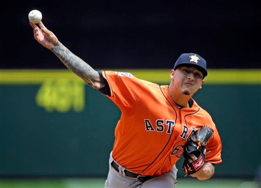 Houston Astros starting pitcher Vincent Velasquez throws against the Seattle Mariners in the first inning of a baseball game Sunday, June 21, 2015, in Seattle. (AP Photo/Elaine Thompson)
