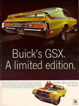 Advertisements for one of the fastest showroom stock muscle cars of all time, the 1970 Buick GSX 455. It could run the quarter-mile in 13.38 at 105.5 mph with no performance additions. (Ads compliments of General Motors)
