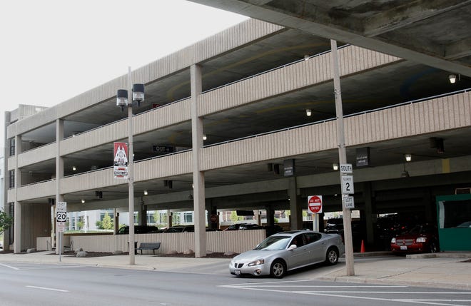 A car leaves the concourse parking deck, west of the BMO Harris Bank Center Thursday, June 14, 2012, in Rockford. FILE PHOTO/RRSTAR.COM