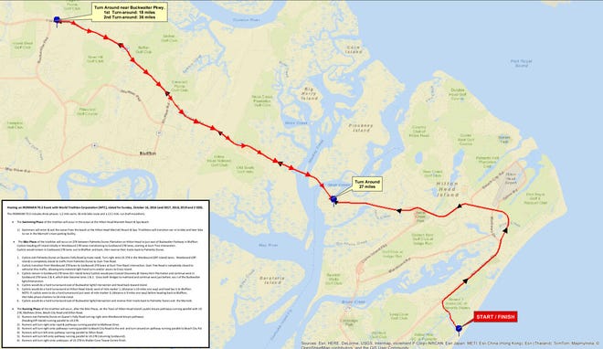The planned route would send bikers from the Hilton Head Marriott Resort & Spa in Palmetto Dunes up U.S. 278. The bikers, in waves of roughly 150 apiece, would stay westbound until crossing into the eastbound lanes on the island at Gumtree Road. They would stay in the eastbound lanes until the entrance of St. Gregory the Great Catholic Church in Bluffton. They would then head back to Jenkins Road near Windmill Harbour before doubling back to the church and heading back to Palmetto Dunes for the running portion.-Courtesy of Hilton Head Island-Bluffton Chamber of Commerce