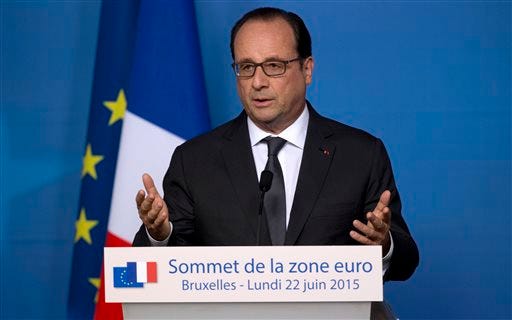 FILE - In this June 22, 2015, file photo, French President Francois Hollande speaks during a media conference at an EU summit in Brussels. WikiLeaks published documents late Tuesday, June 23, 2015, that it says show the U.S. National Security Agency eavesdropped on the last three French presidents, Hollande, Nicolas Sarkozy and Jacques Chirac, releasing material which appeared to capture officials in Paris talking candidly about Greece's economy, relations with Germany "” and, ironically, American espionage. (AP Photo/Michel Euler, File)