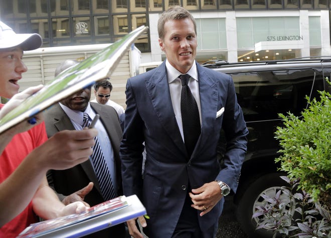 New England Patriots quarterback Tom Brady arrives for his appeal hearing at NFL headquarters in New York, Tuesday, June 23, 2015. Brady and representatives from the players' union are meeting with Commissioner Roger Goodell as the New England quarterback appeals his four-game suspension.