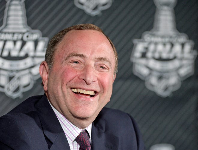 NHL Commissioner, Gary Bettman talks during a news conference before Game 1 of the NHL hockey Stanley Cup Final between the Tampa Bay Lightning and the Chicago Blackhawks in Tampa, Wednesday, June 3, 2015.