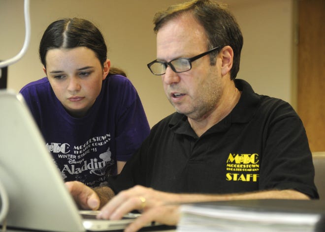Mark Morgan, producer/director of the Moorestown Theater Company, with his daughter Juliet during a rehearsal.