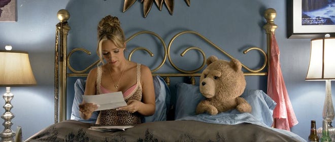 Jessica Barth and Ted (Seth MacFarlane) are now married in "Ted 2."