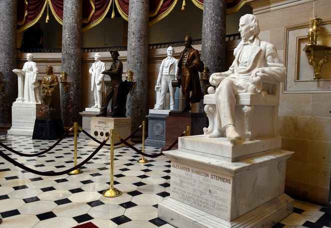 A statue of Alexander Hamilton Stephens is on display in Statuary Hall on Capitol Hill in Washington Wednesday. The statue was given to the National Statuary Hall Collection by Georgia in 1927. Stephens was a dedicated statesman, an effective leader and a powerful orator but he renewed debate about symbols of the Confederacy in the wake of the horrific shooting at a black church in Charleston, South Carolina, raises new questions about whether he will. The move in South Carolina to remove the Confederate flag from the statehouse grounds is prompting members of Congress to take a new look at Confederate images that surround them every day, including statues of Stephens, Confederate Gen. Robert E. Lee, Confederate President Jefferson Davis and a number of other Confederate leaders or fighters.