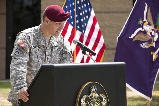 First Sgt. Steven Welsh, 96th Civil Affairs Battalion (A) was narrator during the Somalia Campaign streamer ceremony at battalion headquarters, Fort Bragg, N.C., June 12, 2015. . The streamer was authorized for the Company C for civil affairs direct support operations during the battalion’s deployment to Somalia during Operation RESTORE HOPE from Dec. 1992 to May 1993.