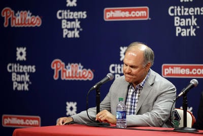 Philadelphia Phillies manager Ryne Sandberg pauses during a news conference where he announced his resignation before a baseball game against the Washington Nationals, Friday, June 26, 2015, in Philadelphia. (AP Photo/Matt Slocum)