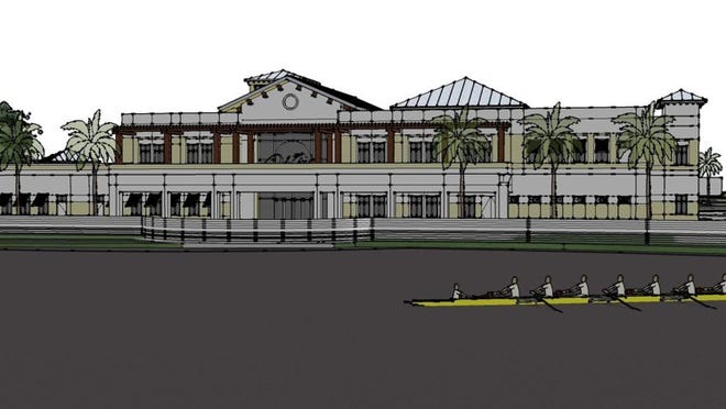 This original concept rendering shows the design that Wellington Council members approved in February 2014 for the rear of the new Wellington Community Center that will soon be under construction this summer. Council members are upset this week because the design changed without their consent or input. Specifically, a second-floor veranda in the rear overlooking Lake Wellington was removed in updated designs in order to accommodate more space inside the main ballroom. (Source: Village of Wellington)