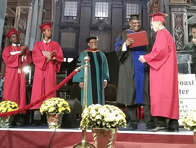 Pictured from left, Westcoast School for Human Development students De'Shon Grant, Issac Toye; the Rev. Dr. Henry L. Porter; Principal Dr. Marvin Hendon and student Bryan Jimenez-Guerra at graduation with an image of the Basilica in Rome superimposed in the background. PHOTO ILLUSTRATION PROVIDED BY DANIELLE GLAYSHER