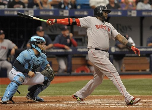 Tampa Bay Rays catcher Rene Rivera, left, looks on as Boston Red Sox designated hitter David Ortiz hits a two-run home run to right during the fourth inning of a baseball game Sunday, June 28, 2015, in St. Petersburg, Fla. (AP Photo/Steve Nesius)