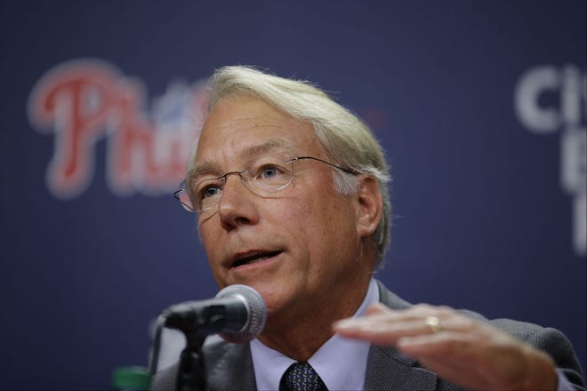 Veteran baseball executive Andy MacPhail speaks during a news conference before a baseball game between the Philadelphia Phillies and the Milwaukee Brewers, Monday, June 29, 2015, in Philadelphia. (AP Photo/Matt Slocum)