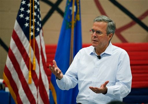 In this photo taken June 27, 2015, Republican presidential candidate, former Florida Gov. Jeb Bush speaks in Henderson, Nev. Bush wants voters to know he"™s on the side of those calling for the Confederate flag to come down from public places. He"™s noting his decision to remove it from the Florida Capitol grounds in 2001 when he was governor. (AP Photo/John Locher)