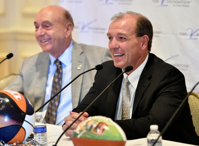 In this May 15, 2015 file photo, Jimbo Fisher head football coach of Florida State and ESPN's sports announcer Dick Vitale at the 10th Annual Dick Vitale Gala held Friday night at The Ritz, Sarasota.