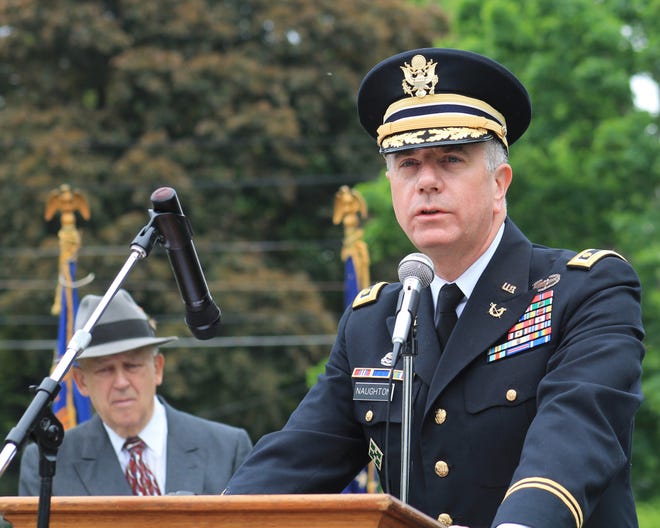 State Rep. Harold Naughton Jr. speaks during a Memorial Day ceremony last month in Clinton. T&G File Photo