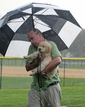 Bob Follet, of Evesham, shields his golden retriever puppy, Bella, from rain after a storm canceled a Rancocas Valley League baseball game between the Pine Barrens and Willingboro at Kennedy Recreation Center in Willingboro on Tuesday.