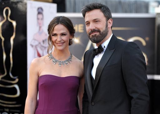 FILE - In this Feb. 24, 2013 file photo, married actors Jennifer Garner, left, and Ben Affleck arrive at the Oscars in Los Angeles. The couple have decided to divorce after 10 years of marriage, they announced in a joint statement Tuesday, June 30, 2015. The statement notes that the decision comes after careful consideration and that they will stay committed to co-parenting their three children, Violet Affleck, Seraphina Rose Elizabeth Affleck and Samuel Garner Affleck.