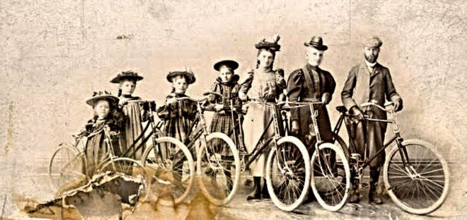 Evanston family’s biking vacations in the 1890s start the story of the Blue Star Trail at this summer’s first Historical Society Tuesday Talk. The girl third from left grew up to become grandmother of Friends Of The Blue Star Trail President Jeanne Van Zoeren.

PHOTO PROVIDED
