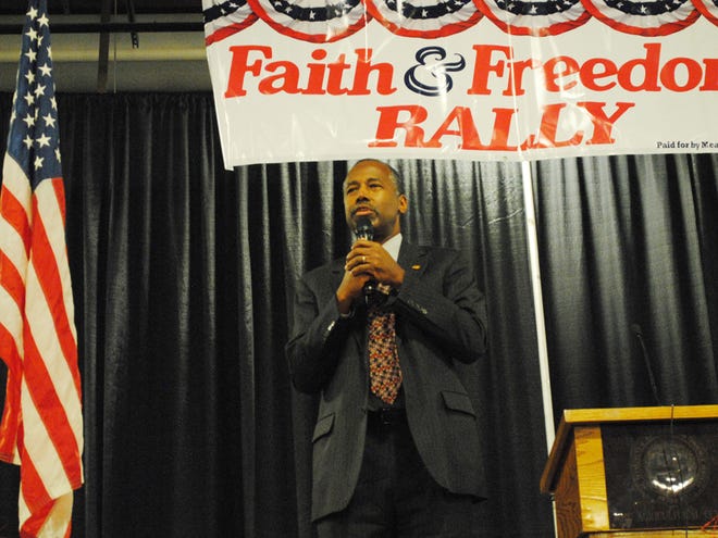 Presidential hopeful Dr. Ben Carson speaks to a large crowd at U.S. Rep Mark Meadows' second Faith and Freedom Rally in Fletcher Tuesday evening.