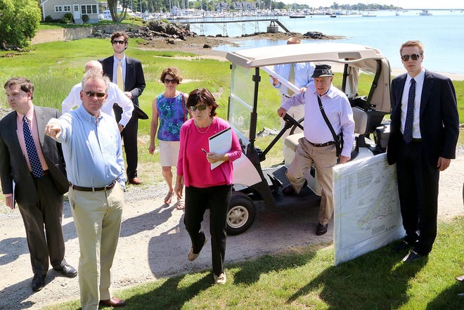 Rockingham Superior Court Judge Margeurite Wageling, center, tours beach access property at Sanders Poynt in Rye on June 25 with attorneys, neighbors and Wentworth by the Sea officials along the 16th fairway and 17th hole.

Photo by Rich Beauchesne/Seacoastonline