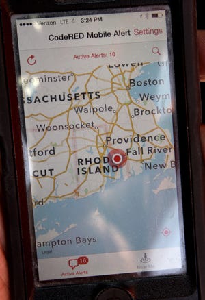 The CodeRED application on a smartphone is designed to use the phone's location and inform its user emergencies.