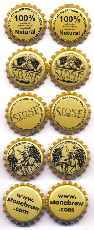 Bottle caps from Stone Brewing Company, one of the nation's largest craft breweries.