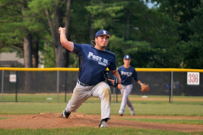 Exeter Post 32 pitcher Christian Devine delivers during Tuesday's American Legion baseball game against Merrimack at Phillips Exeter Academy. Devine pitched eight innings for the win in Exeter's 7-4 victory. 

Ryan O'Leary/Seacoastonline