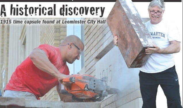 Left, Brian Richard from Richard’s Masonry in Leominster cuts out the cornerstone. Right, Mark Bodanza, a director of the Leominster Historical Society, holds the 1915 time capsule after it was removed.