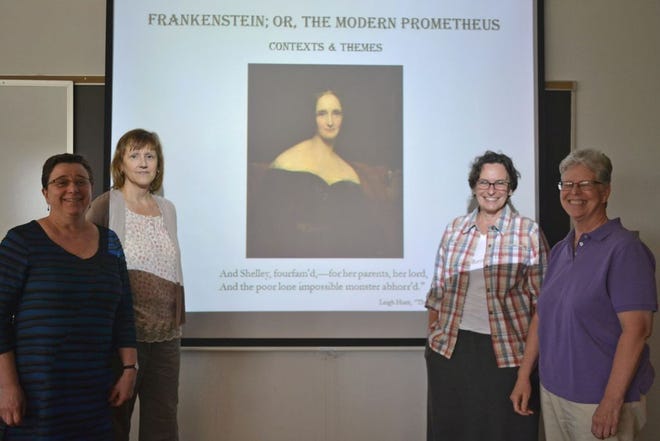 Visiting scholar Sonia Hofkosh, associate professor of English at Tufts University, was among the featured speakers during the recent MWCC Humanities Project workshop focused on the upcoming year-long study of Mary Shelley's Frankenstein. Participating faculty include, from left, Lorie Donahue, Michelle Valois and Susan Blake.